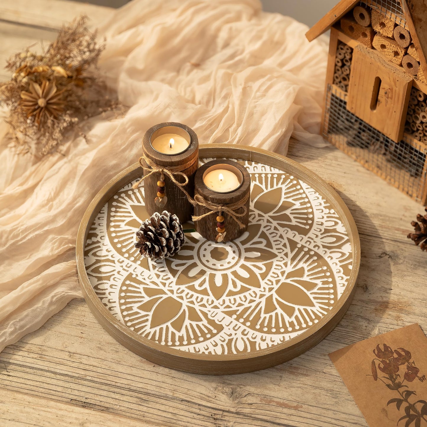 Hanobe Round Decorative Tray for Table: Boho Coffee Table Trays for Home Decor - Mid Century Farmhouse Circle Wood Serving Rustic Bohemian for Kitchen Counter Women