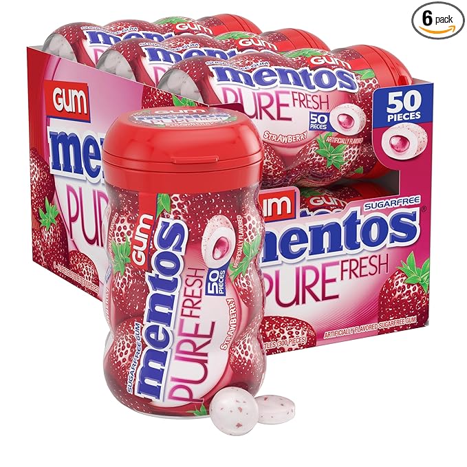 Mentos Pure Fresh Sugar-Free Chewing Gum with Xylitol, Strawberry, 50 Piece Bottle (Bulk Pack of 6)