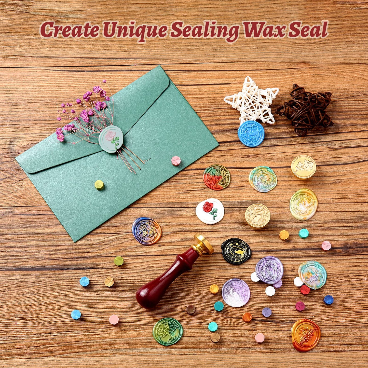 Comealltime Wax Seal Kit with Gift Box, 624 Pcs 24 Colors Sealing Beads, 2 Pcs Stamps, Sealing Wax Warmer, Metallic Pen, Envelope, Candles for Wedding Birthday Gift and DIY Craft, Sellado de Cera