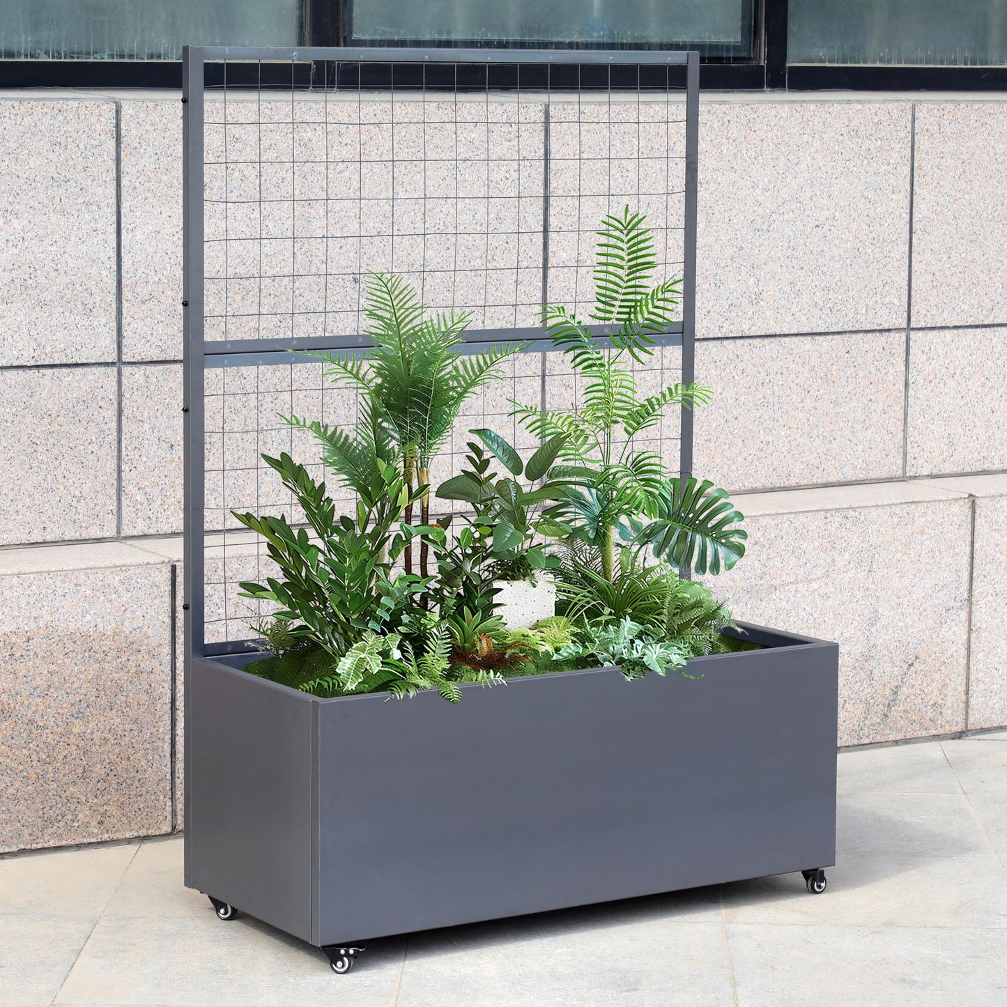 Metal Rolling Planter Box with Lattice Trellis, Modern Steel Planter Box Trellis Corten Trough Planter with Casters 66” x 46” x 21” (Original Metal)