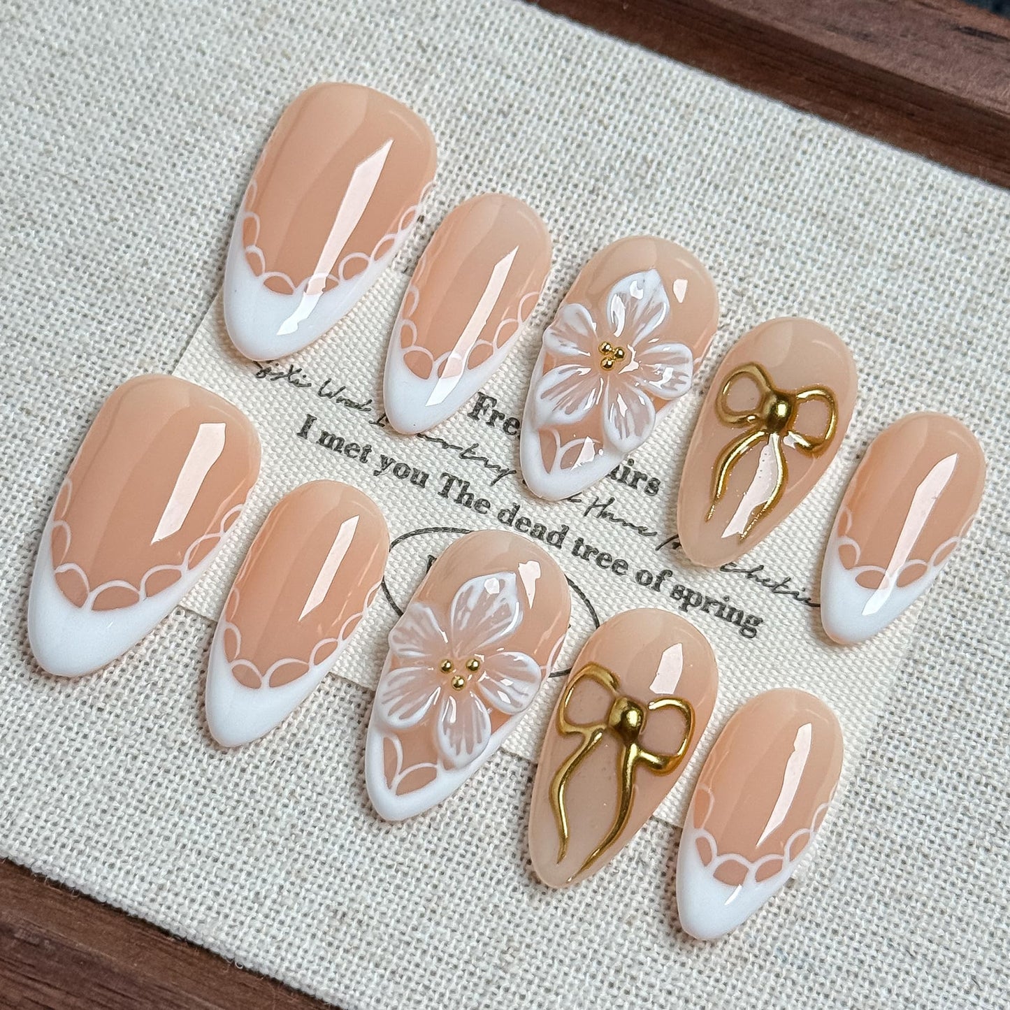 Blossom Bow Fake Nails Press on, 22mm Nude French Floral with Romantic Bow & Flower, Elegant Bridal Acrylic Nail Set for Women, Dates & Spring (Multicolor, S)