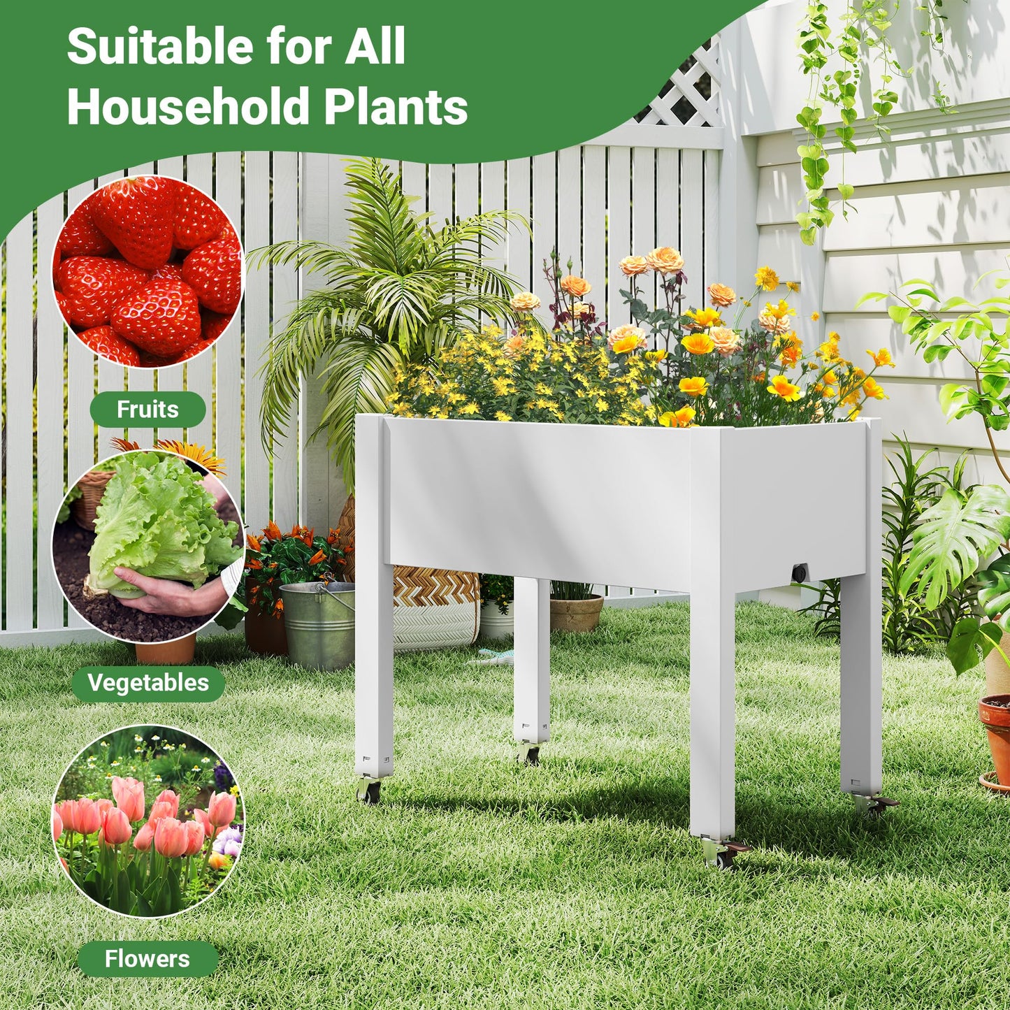 LHBGO Raised Garden Bed with Wheels - Outdoor Mobile Elevated Resin Planter Box with Drainage Holes for Vegetables Flower Herbs (1 Pack, White)