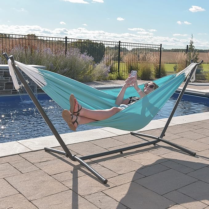 Vivere Double Cotton Hammock with Space Saving Steel Stand, Upgraded Polyester End Strings 450 lb Capacity - Premium Carry Bag Included - (Aruba)