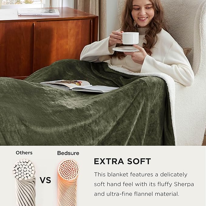 Bedsure Sherpa Fleece Oversized Cal King Blankets for Bed - Thick and Warm, Soft Fuzzy Plush Large Blanket for Winter, Olive Green, 112x98 Inches