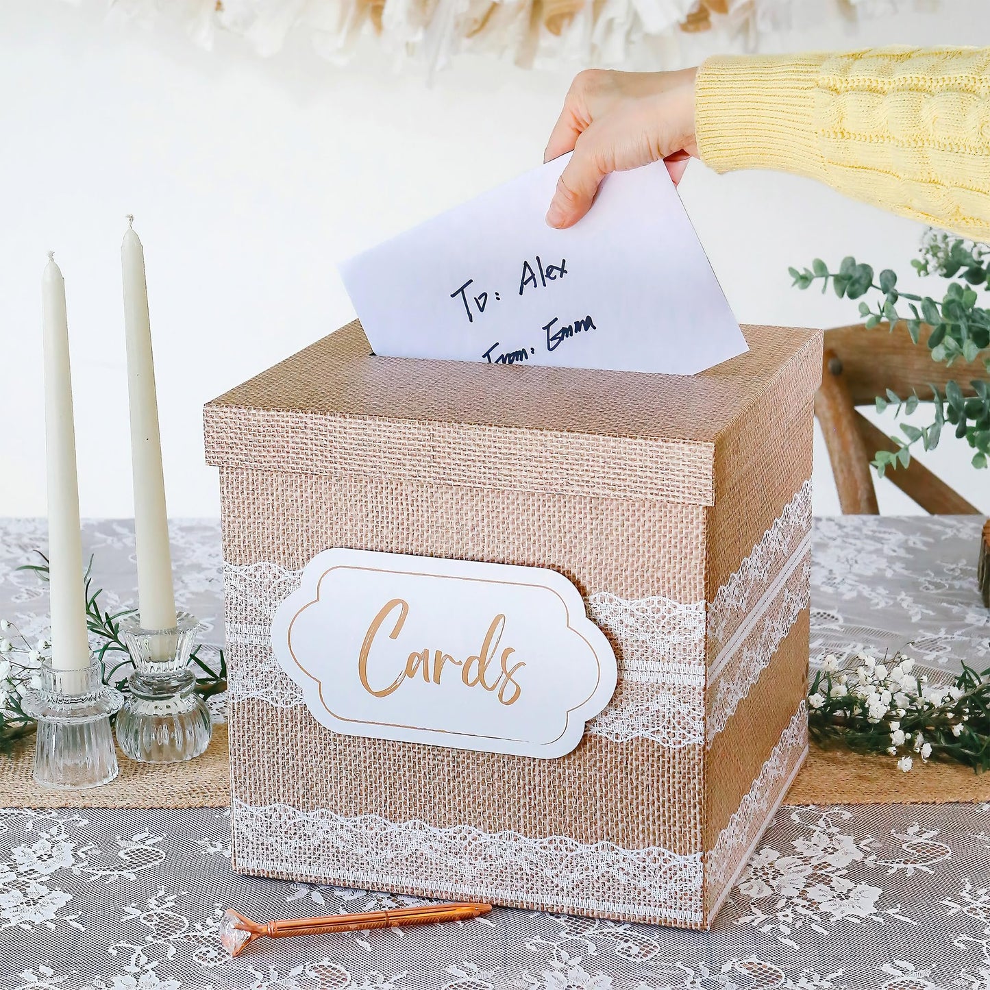 Kate Aspen Rustic Burlap & Lace Gift/Wedding Card Box, Money Box, Farmhouse Wedding Decorations For Reception - Also Perfect for Boho Baby Showers, Birthdays, Graduation