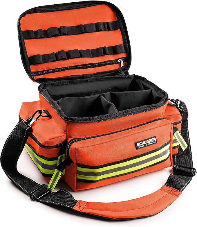 Scherber First Responder Fully-Stocked Professional Essentials EMT/EMS Trauma Kit | HSA/FSA Approved | Reflective Bag w/8 Zippered Pockets & Compartments & 200+ First Aid Supplies - Orange
