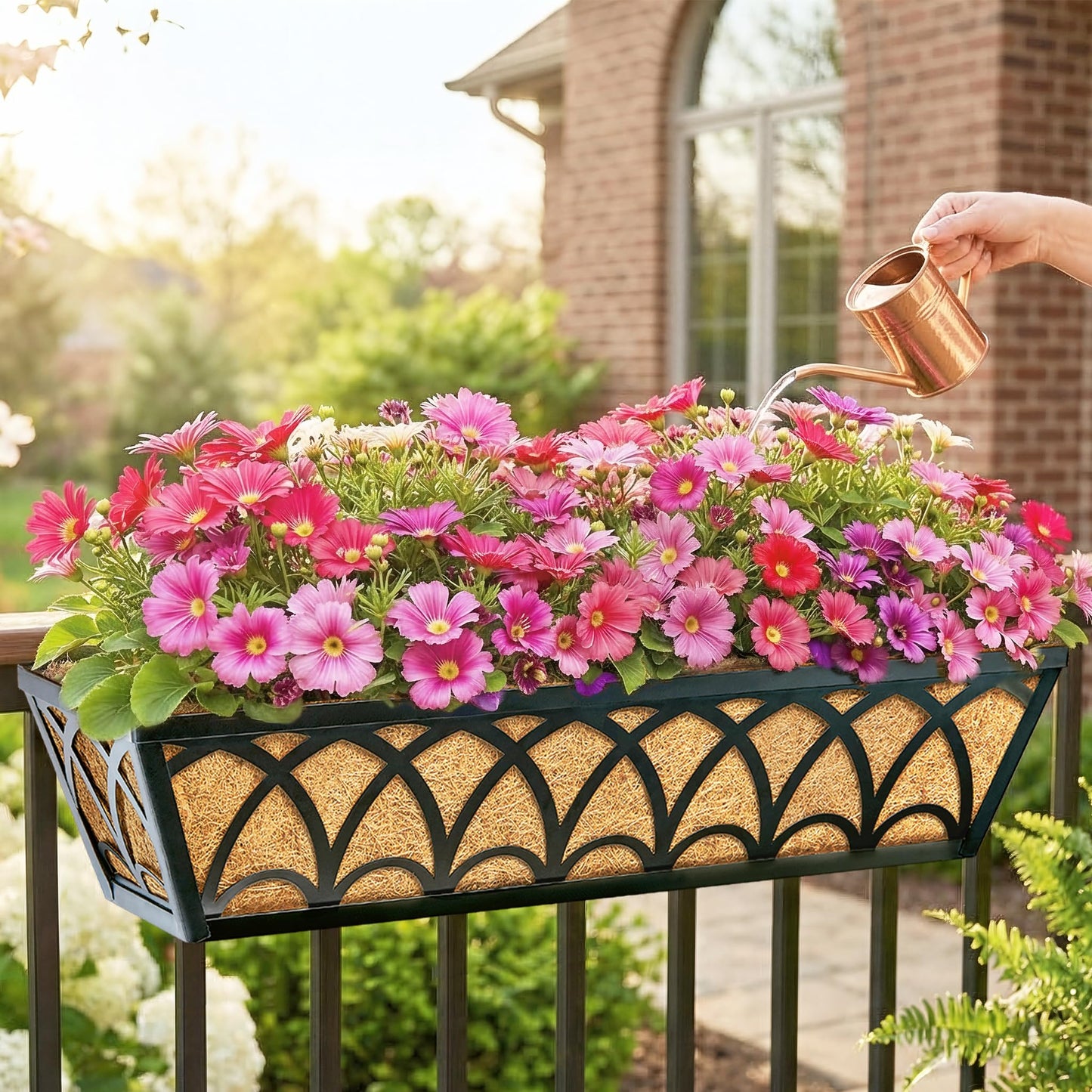 24 Inch Railing Planter Box Window Boxes Planters - 2 Pack Deck Railing Planter Boxes with Adjustable Brackets Coco Liners Balcony Planters Railing Hanging for Window Flower Boxes Outdoor Garden Decor