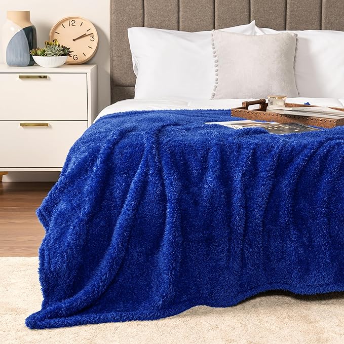 PAVILIA Sherpa Throw Blanket for Couch Sofa, Blue Fluffy Warm Plush Blanket for Bed, Cozy Super Soft Lightweight Throw, Fuzzy Decorative Blanket, All Season Home, 50x60