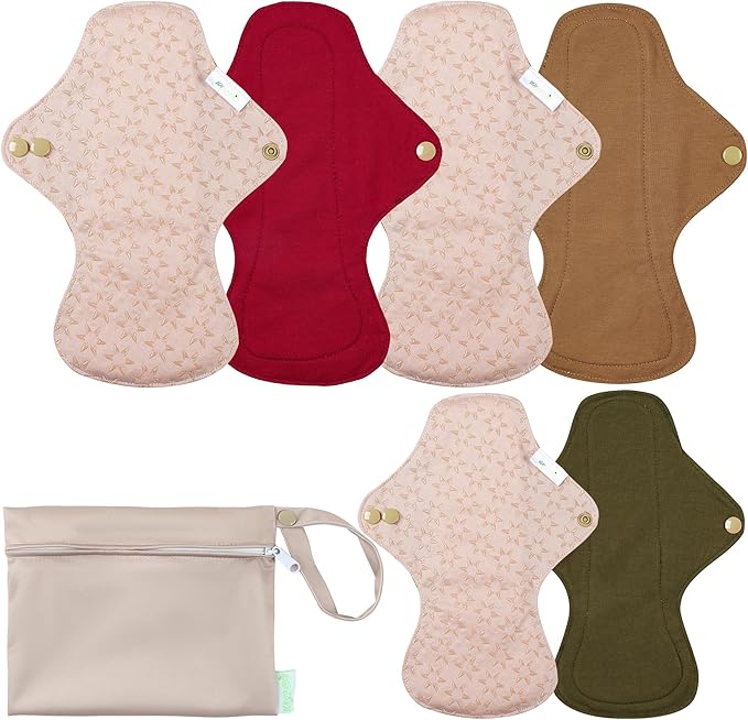 wegreeco 6 Pcs Reusable Menstrual Pads, Ultra Absorbent Cloth Pads for Heavy Flow, Sanitary for Teens, Women, Nonslip, Inner Aqua, Burgundy, Coffe, Rose Gold Outer, L