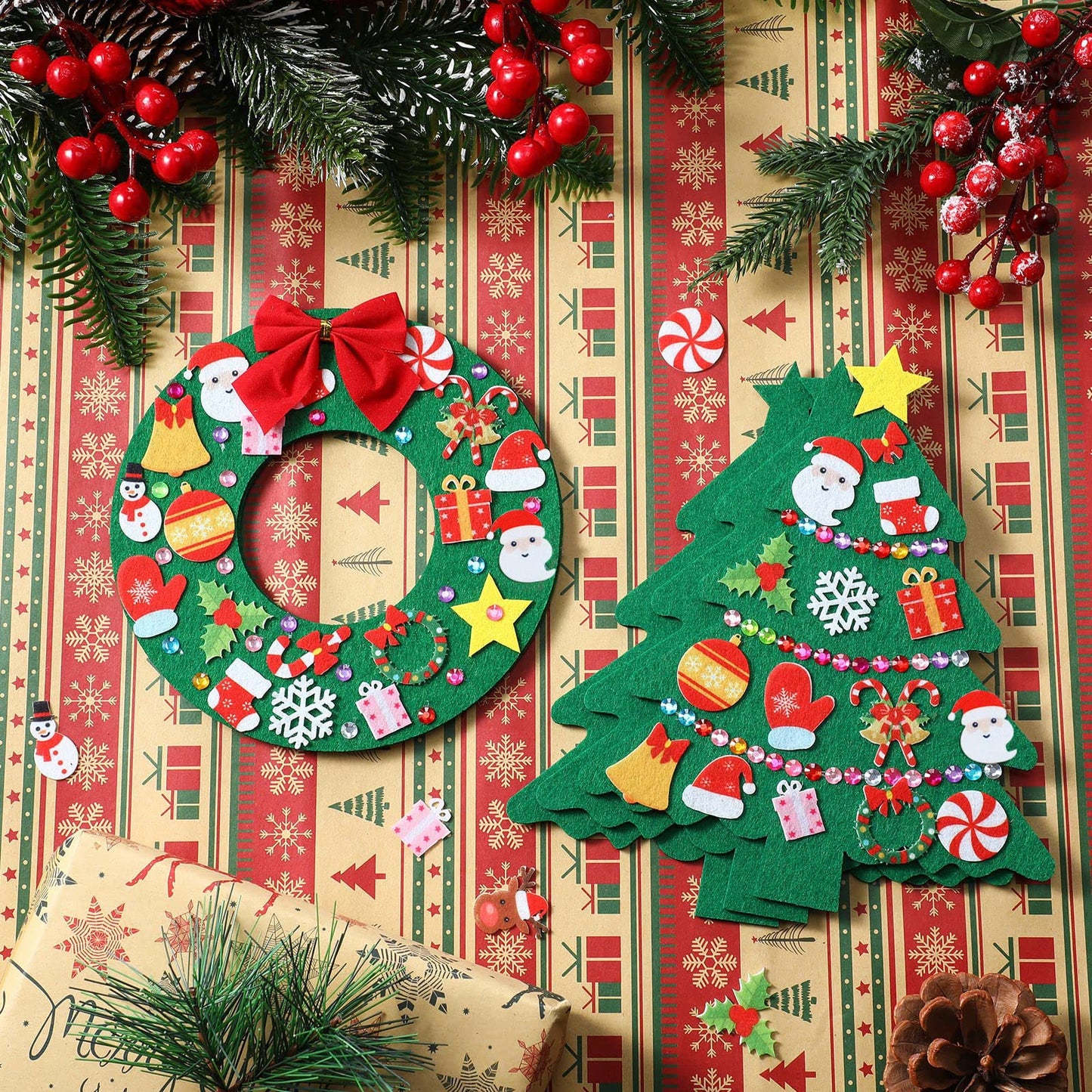 Tatuo 12 Pcs Felt Christmas Tree Wreath Decorating Craft Christmas DIY Ornaments Making Kit with 221 Self Adhesive Felt Stickers 12 Bows and 5 Gem Stickers (Wreath Style and Trees Style)