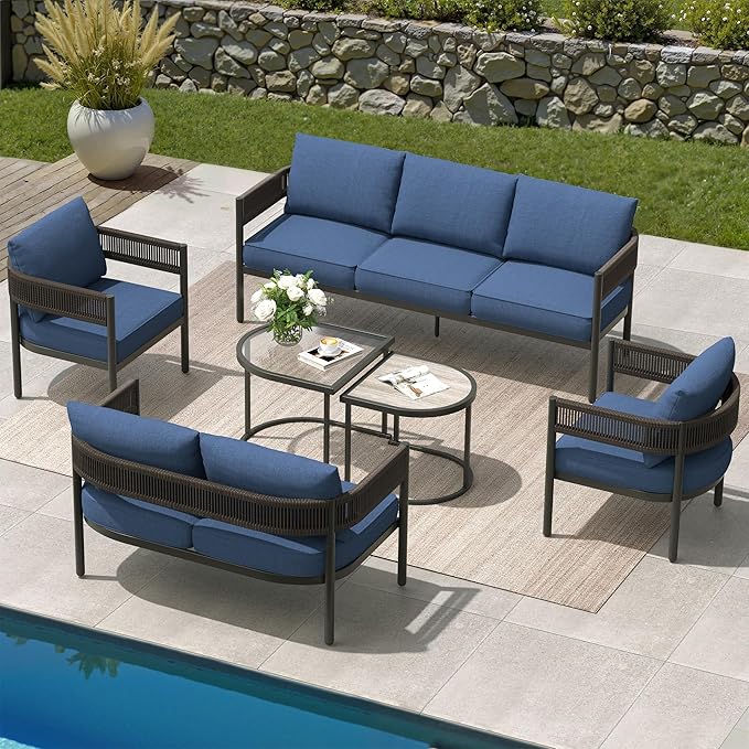 Grand patio 6-Piece Wicker Outdoor Furniture Set with 3-Seat Couch, Thick Cushions and Coffee Table, Patio Sofa Conversation Set for Backyard, Garden, Peacock Blue