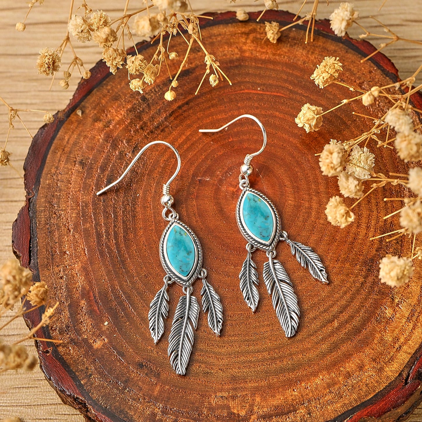 AVECON Turquoise Feather Dangle Earrings for Women 925 Sterling Silver Earring Vintage Turquoise Jewelry with Feather Boho Leaf statement Earrings Trendy Hook Earrings Western Jewelry for Her