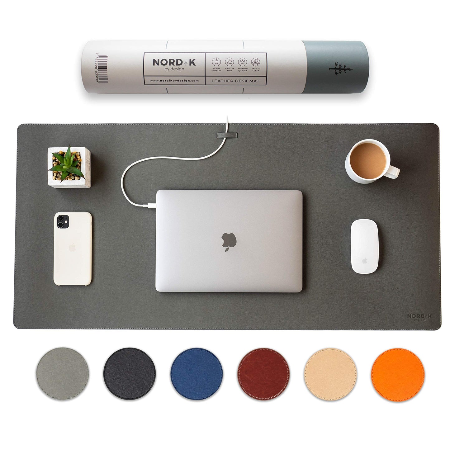 Nordik Leather Desk Mat Cable Organizer - Alaskan Gray 35 X 17 inch - Premium Extended Mouse Mat for Home Office Accessories - Non-Slip Vegan Leather Desk Pad Protector & Desk Blotter Pad