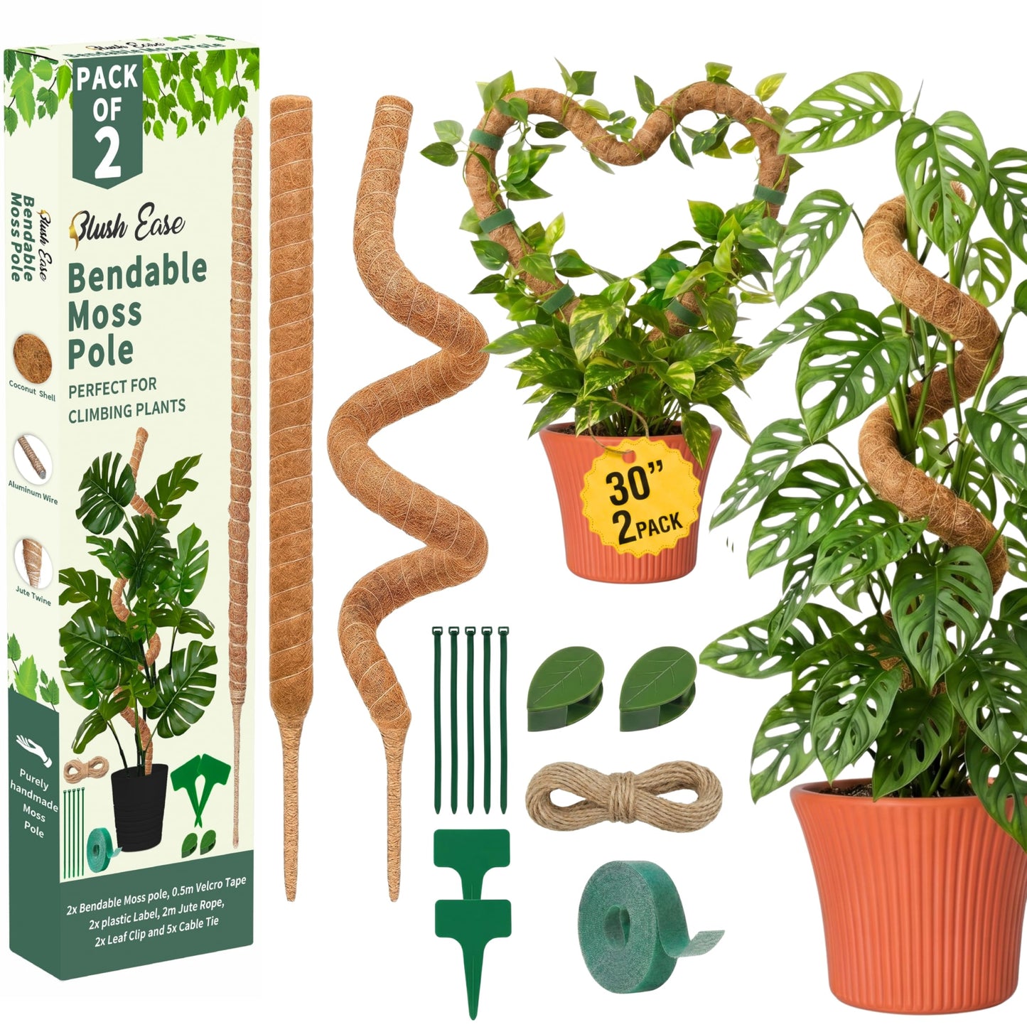 30 Inches Bendable 2 Pack Moss Pole Monstera Plant Support Stakes - Moss Poles for Climbing Plants, Plant Stakes for Indoor Plants - Coco Coir Pole Moss Stick for Monstera, Pothos.