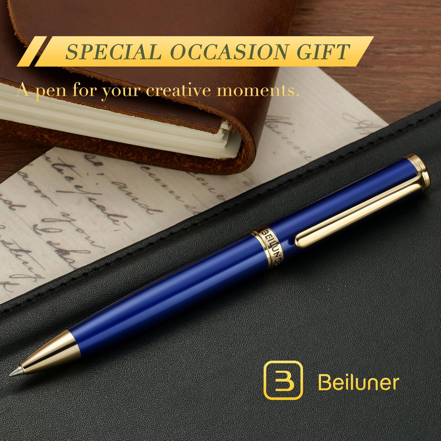 BEILUNER Blue Lacquer Gel Pen - Stunning Luxury Pen with 24K Gold Finish, ADMOK Black Refill, Executive Gift Set for Family & Friends, Writing, Fancy, Office, Retractable Pens