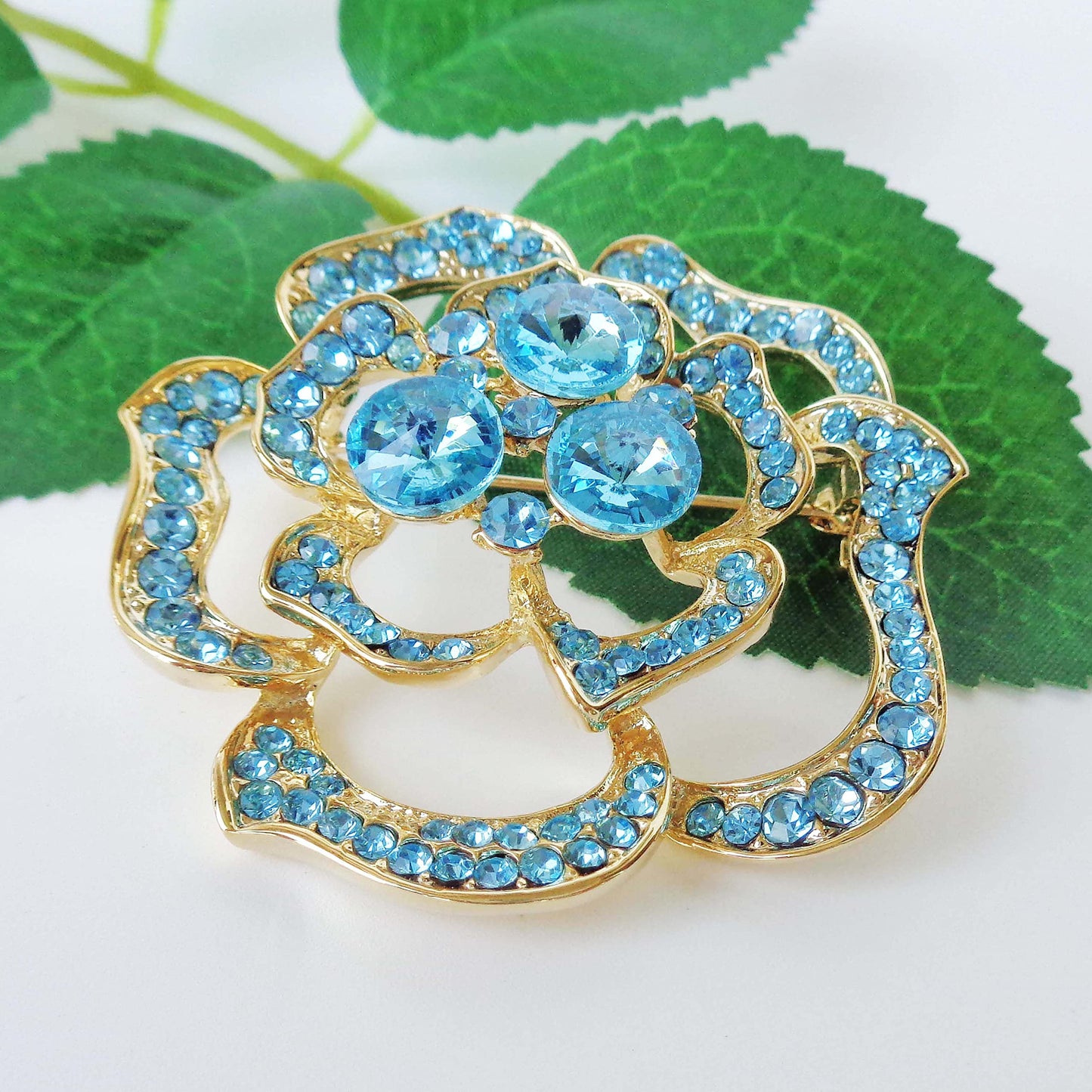 Navachi 18k Gold Plated Blue Crystal Blooming Rose Flower Az7438b Brooch pins