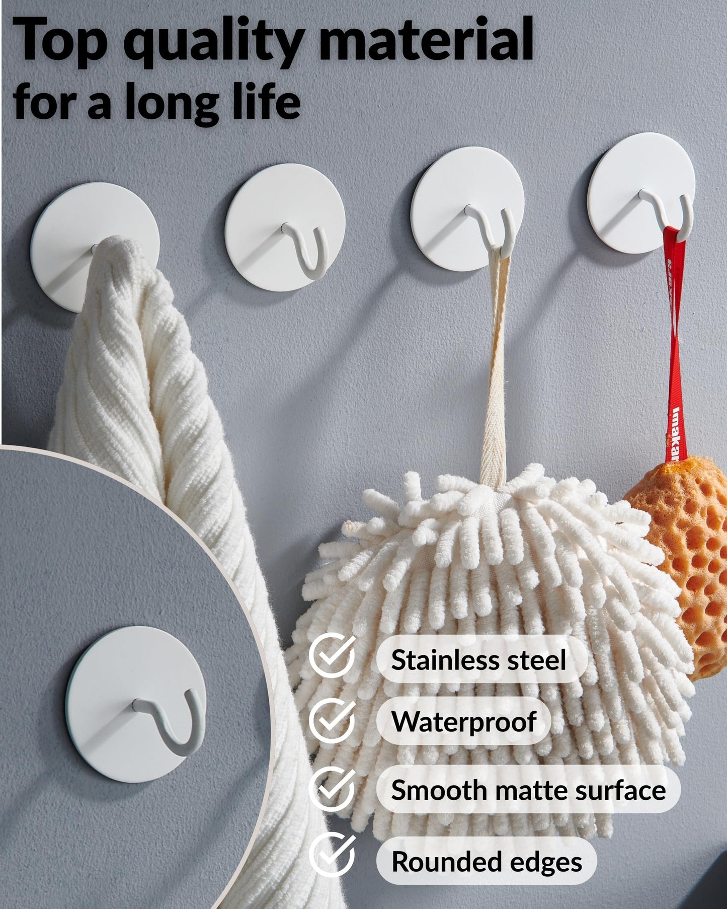 DEKAZIA® Set of 4 Self-Adhesive Ceiling Hooks White - Extra Strong Round Hooks for Ceiling & Wall