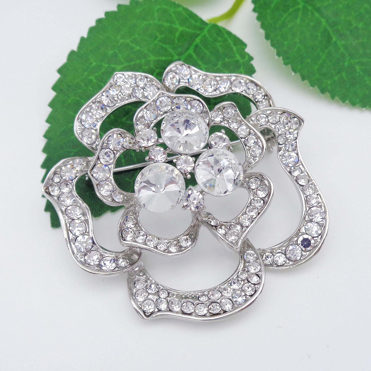 Navachi 18k White Gold Plated Clear Crystal Blooming Rose Flower Az7440b Brooch pins