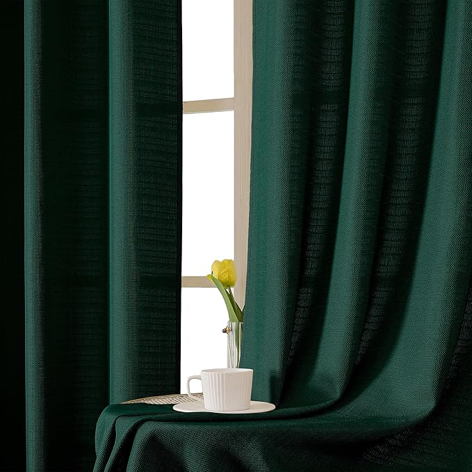 Chyhomenyc Christmas Hunter Green Curtains 45 Inch Length 2 Panels, Faux Linen Textured Light Filtering Soft Airy Rod Pocket Window Treatment Drapes for Living Room Bedroom, 30Wx45L Inch, 2 PCS