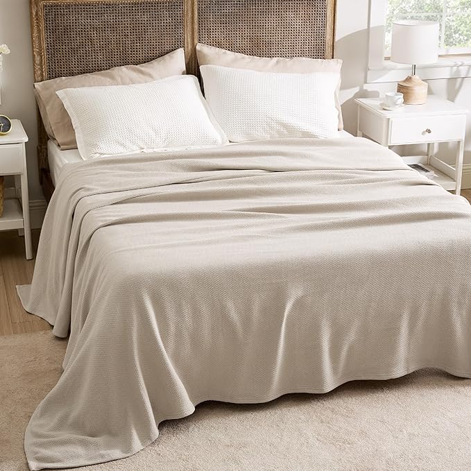 Bedsure 100% Cotton Blanket Queen Size for Bed - Breathable and Lightweight, Soft Cozy Textured Herringbone Woven Blanket for Summer Spring, Linen Beige, 90x90 inches
