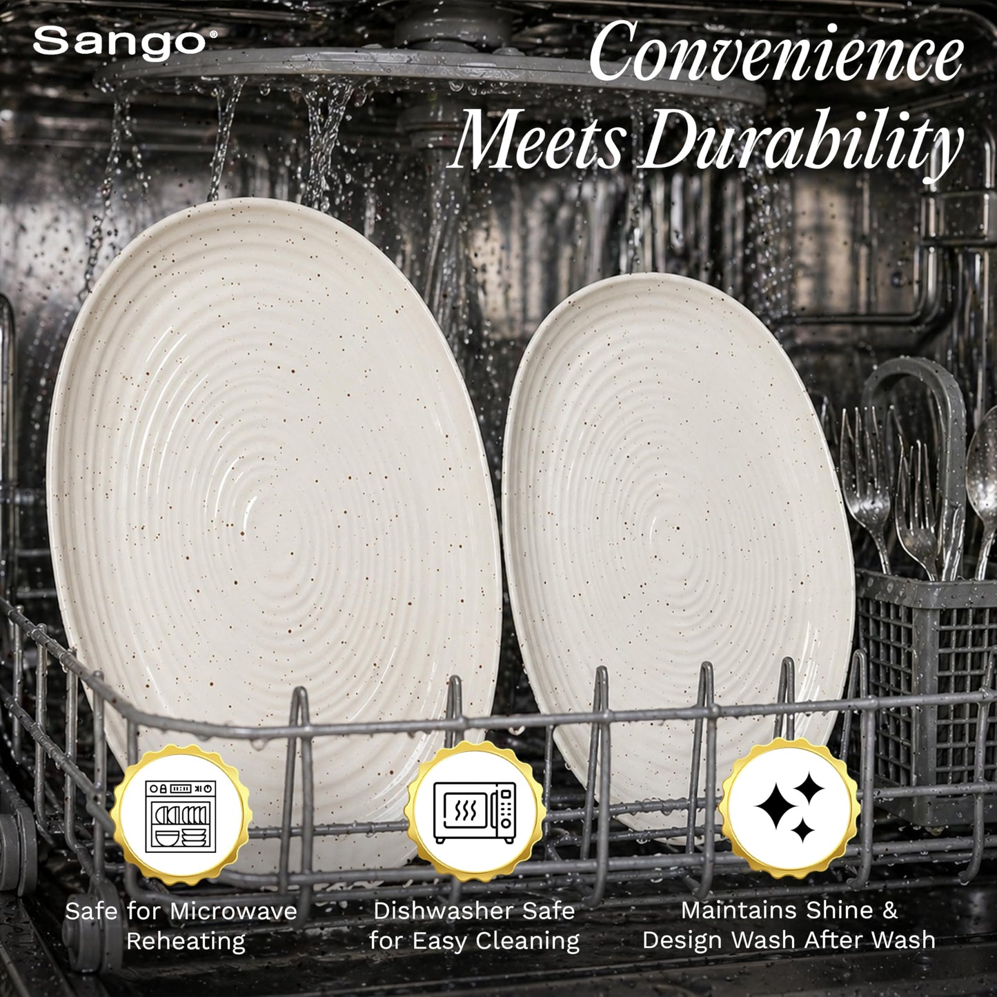 SANGO Siterra 2-Piece Speckled Stoneware Serving Platter Set- Large & Medium Ceramic Platters with Glossy Rustic Glaze for Kitchen, White Serving Dishes for Entertaining, Microwave and Dishwasher Safe