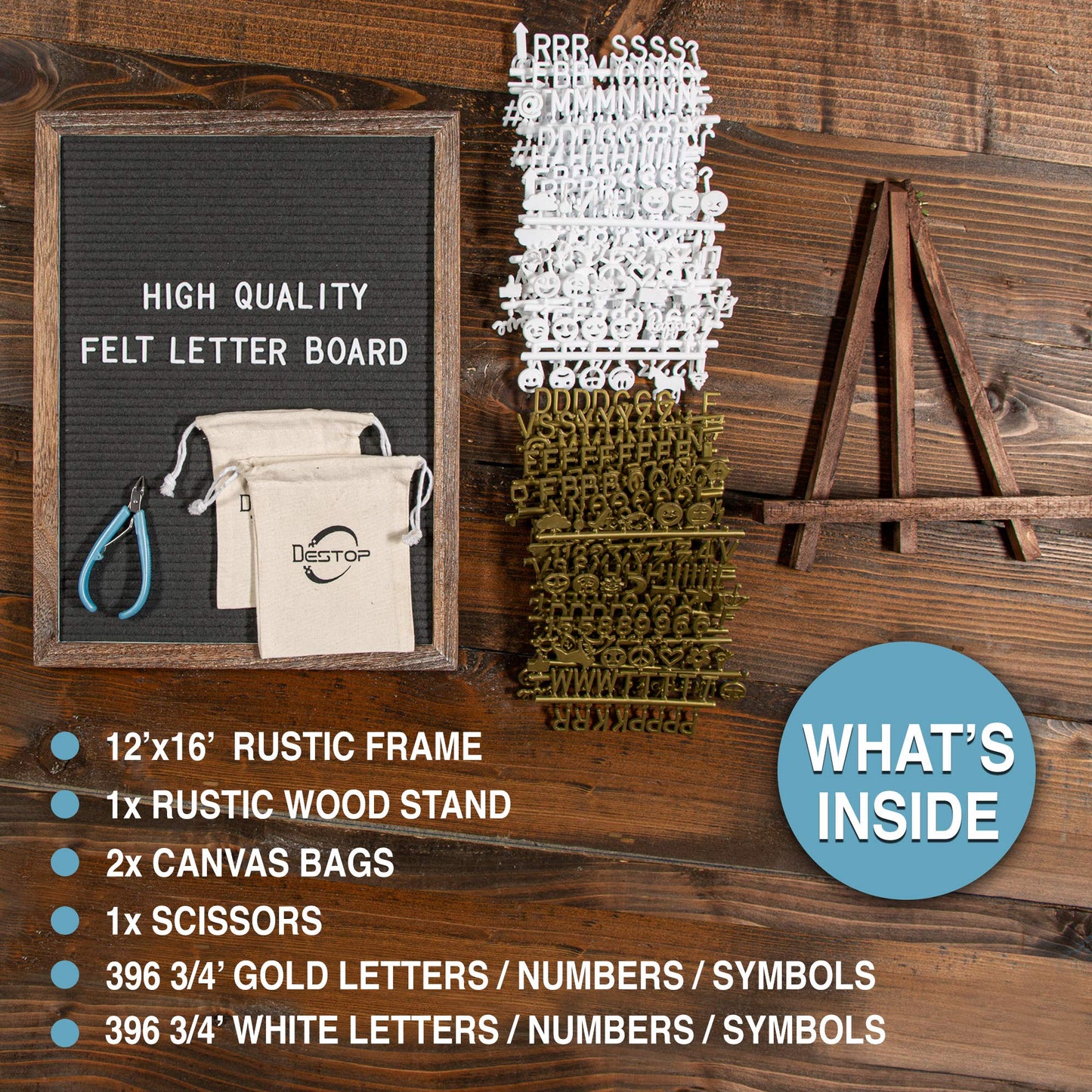 Felt Letter Board with Rustic Vintage Frame and Stand 12x16 inch,Grey Changeable Letter and Message Board Includes 792 Letters, Numbers and Symbols, Hook to Hang, 2 Canvas Bags