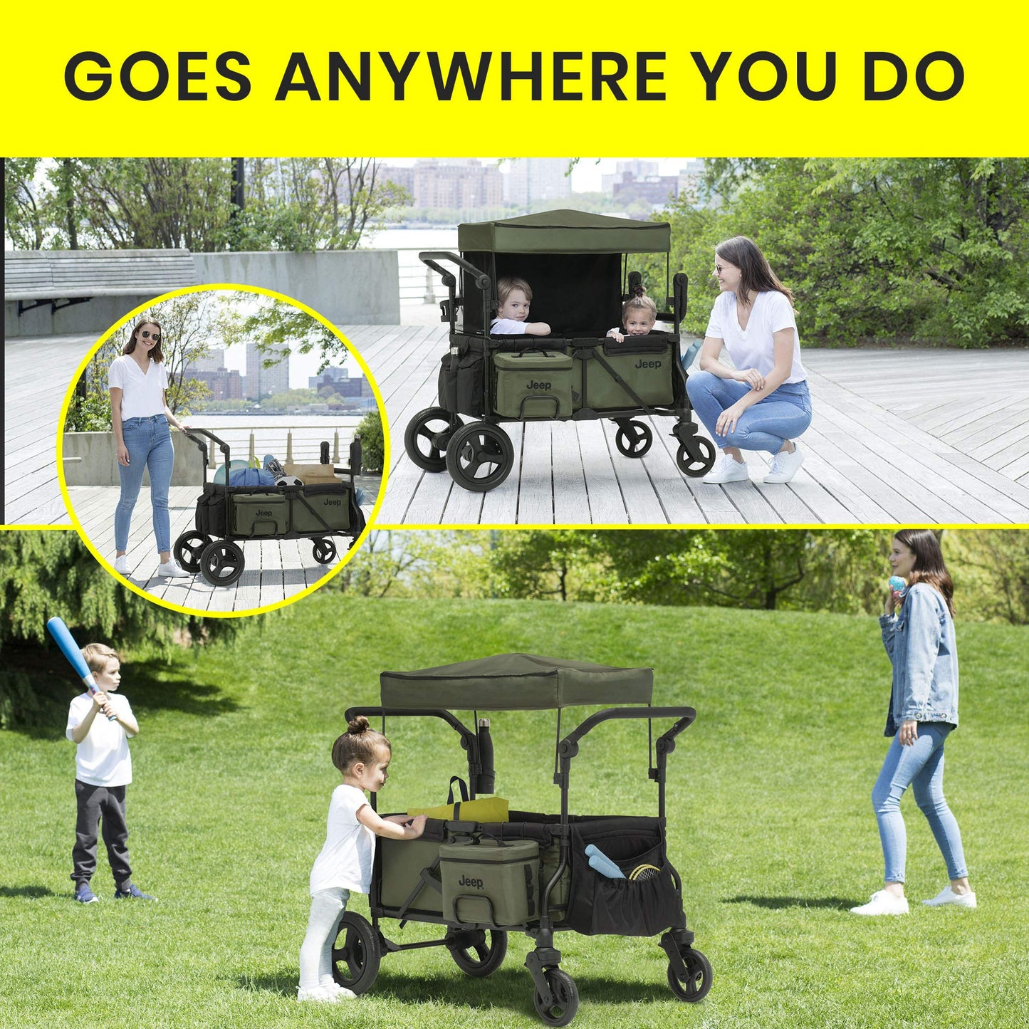 Jeep Deluxe Wrangler Stroller Wagon with Cooler Bag and Parent Organizer by Delta Children, Black/Green