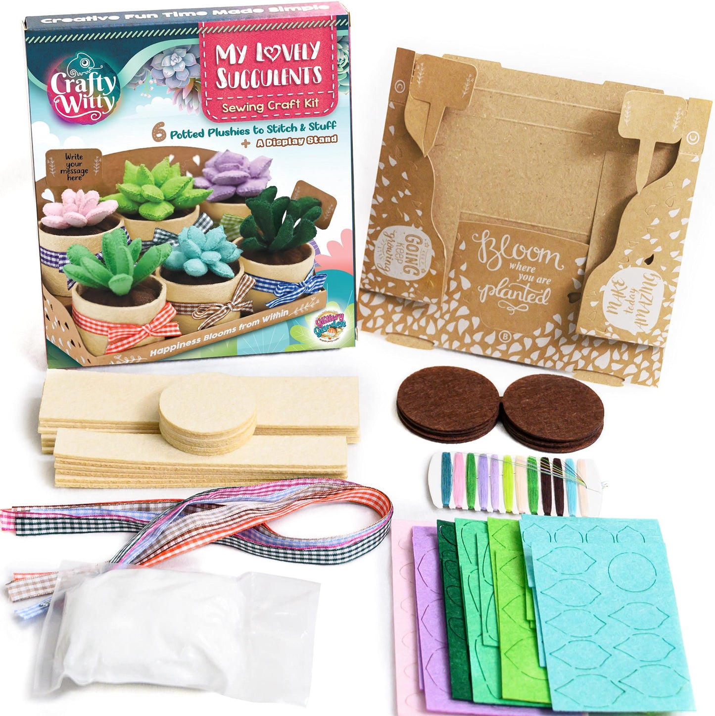 Felt Succulents Craft Kit. Make 6 Potted Colorful Plushies & A Display Rack. Mini Garden DIY Sewing Project, Activity Set, Arts & Crafts Supplies - Great Gift for Teens and Adults