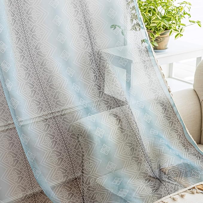 Turquoise Geometric Sheer Curtains 63 inch Long, Fringed Edges and Textured Semi Sheer Curtains Large Window Treatments for Living Room/Bedroom, 2 Panels