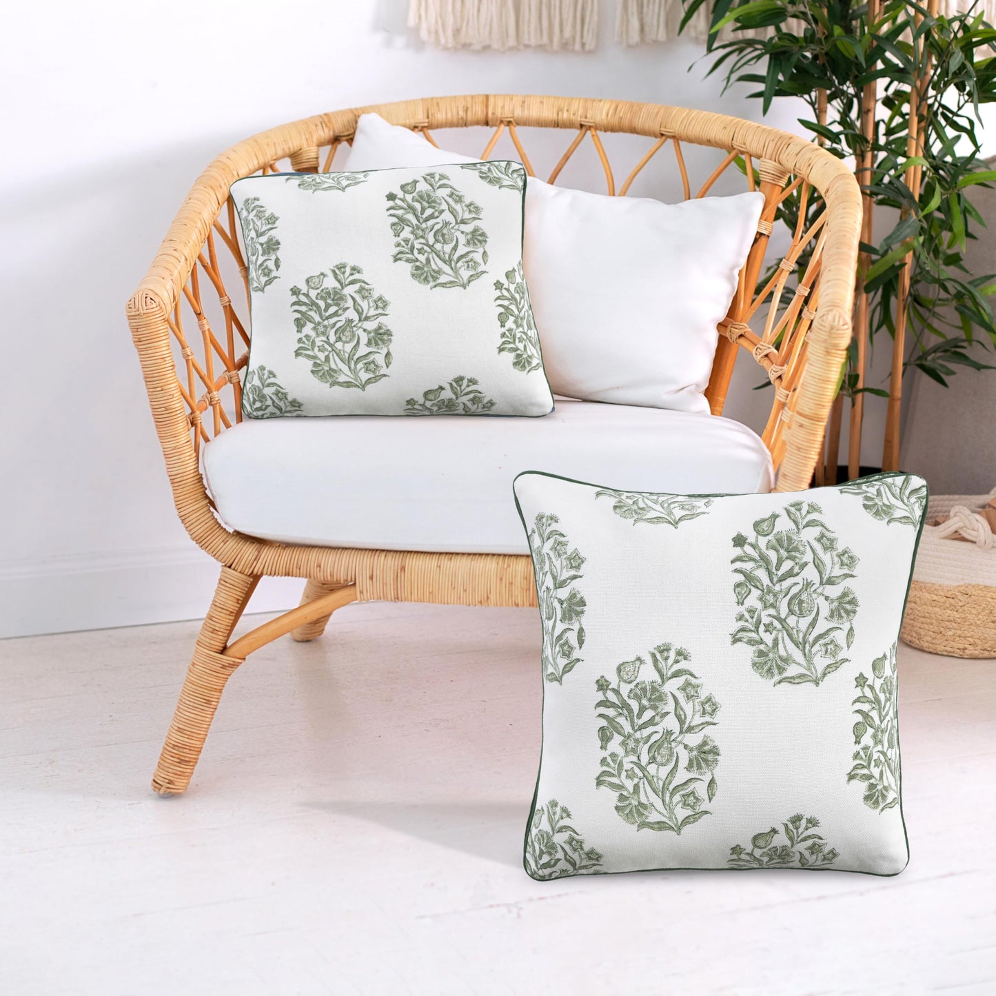 CPC Sage Green Block Print Throw Cushion Cover 20 x 20 Inch Set 2 - Decorative Boho Floral Pillow Case for Living Room, Bed, Sofa, Couch, Home Decor Cushion Cover Gift for Spring, Mother's Day