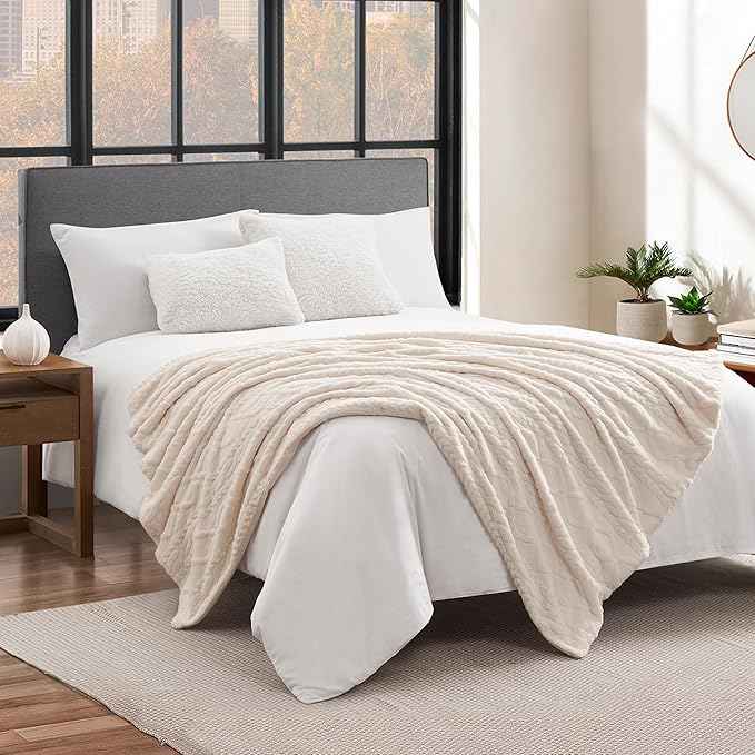 Lucky Brand Embossed Cable Rabbit Faux Fur Throw Blanket - Ivory - 50"X70" - Plush & Soft