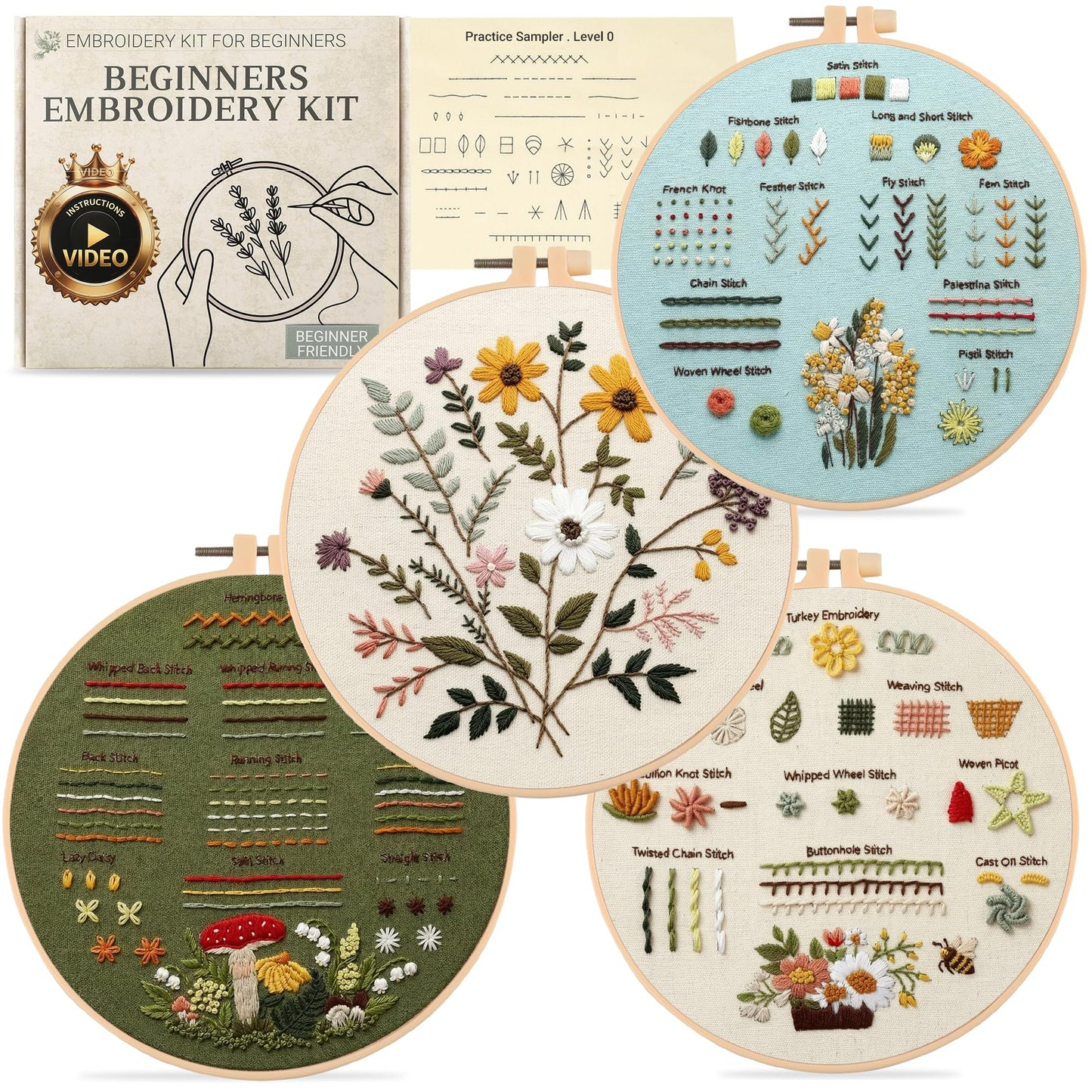 ZenHues Embroidery Kit for Beginners Adults with Level 0 Practice Sampler, 5 Pre-Printed Patterns & Video Tutorials with 7.8" Hoop, Learn 30+ Stitches, DIY Needlework Craft Gift for Women