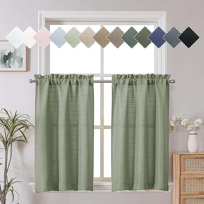 Chyhomenyc Bennet Light Green Kitchen Curtains Tier 36 Inch Length, Faux Linen Textured Small Cafe Curtains, Light Filtering Short Window Curtains for Porch Bathroom, 30x36 inch, 2 PCS