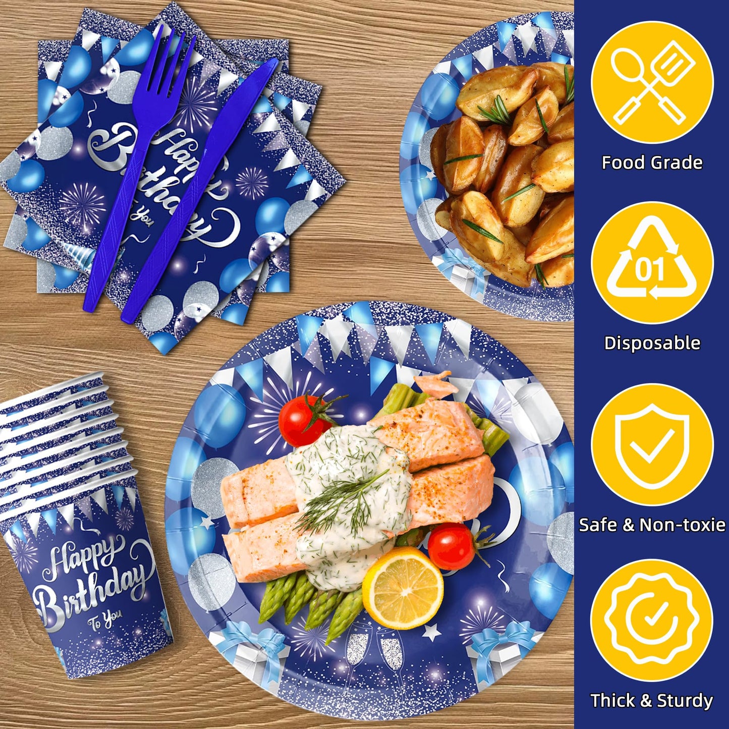 74 Pcs Blue Sliver Happy Birthday Party Supplies Disposable Tableware Set Included Plates, Cutlery, Cups, Napkins, Tablecloth, Banner, Backdrop - Serves 10