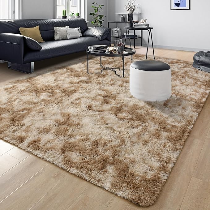 Tepook Fluffy Large Rugs for Living Room, Shag Area Rug 6x9 Soft Carpet for Bedroom, Modern Shaggy Rug for Kids Boys Girls, Plush Indoor Nursery Home Decor Rug with Non-Slip Bottom, Tie-Dyed Beige