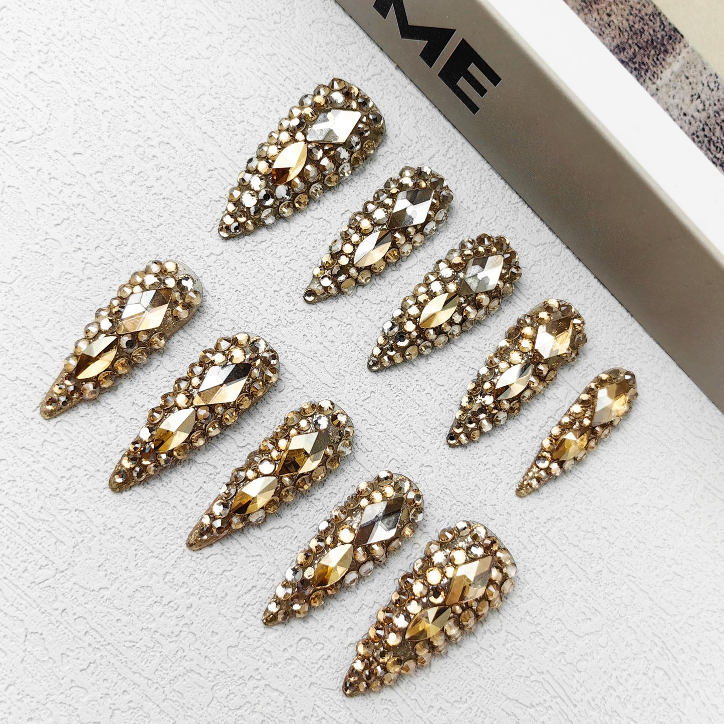GGddsha 2025 New Full Diamond Medium Almond Press on Nails Reusable PMMA Acrylic Handmade Nails Full Deluxe 3D Crystal Fake Nails w/Box Gift for Women (Gold, Medium)
