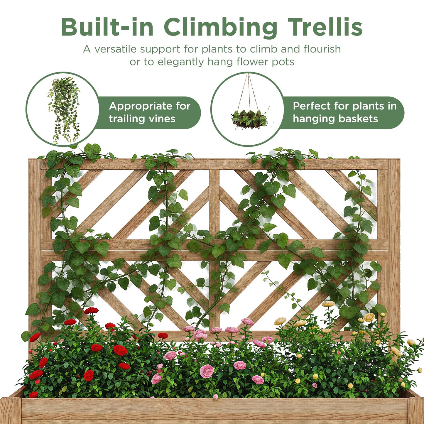 Vabches Wooden Elevated Raised Garden Bed with Trellis,47x24x55 in Planter Box with Legs and Storage Shelf,FreeStanding Gardening Planter for Flower Herb Vegetable Fruit Climbing Vines