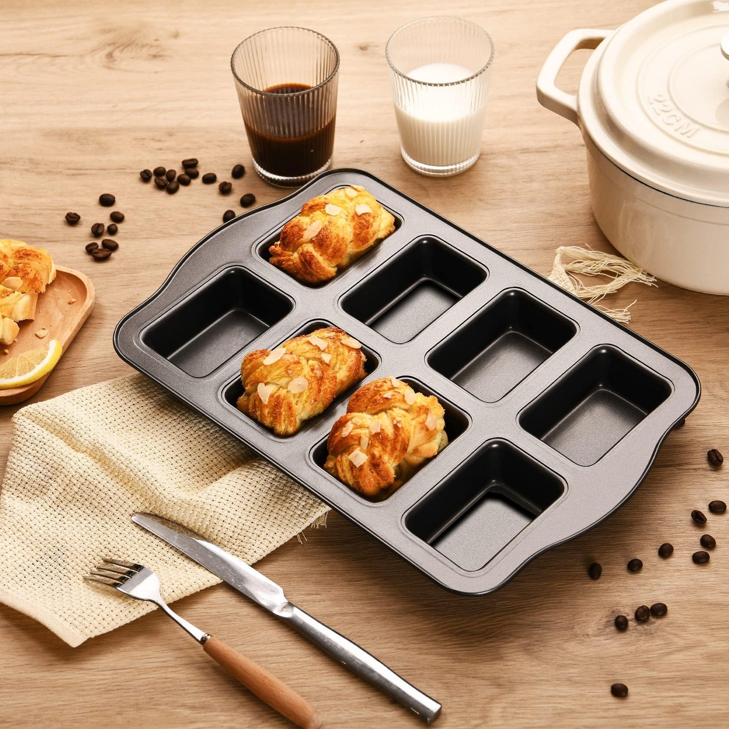HONGBAKE 2 Pack Mini Loaf Baking Pans 8-Cavity, Nonstick Small Cornbread Pan, Tiny Banana Bread Pan Set, Heavy Duty Brownie TIn, Dark Grey