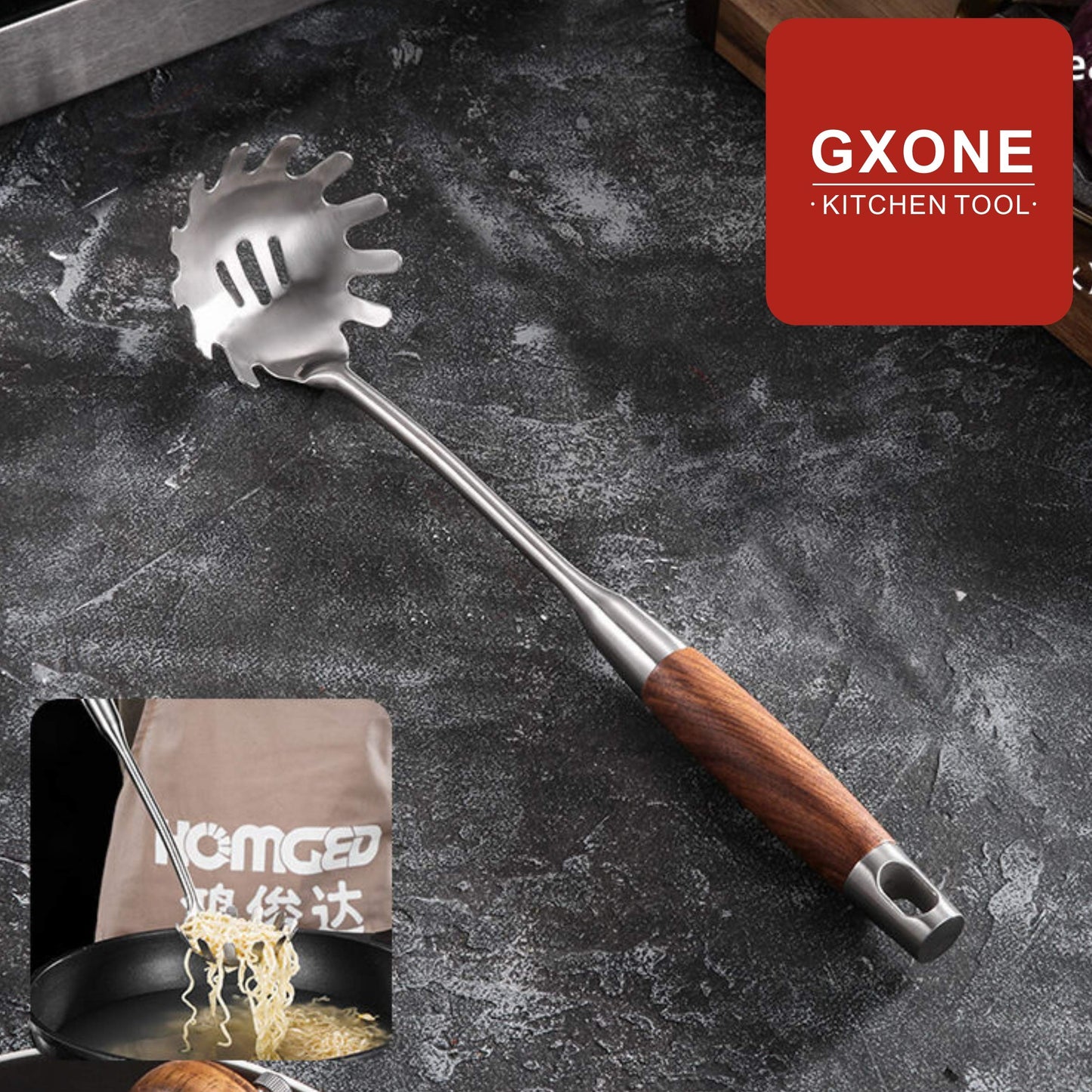 GXONE Spaghetti Spoon,304 Stainless Steel Pasta Spoon with Heat Resistant Wooden Handle,Silver/14.2Inch