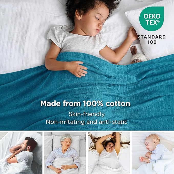 Bedsure 100% Cotton Blanket Twin XL Size for Bed - Breathable and Lightweight, Soft Cozy Textured Herringbone Woven Blanket for Summer Spring, Teal, 66x90 inches