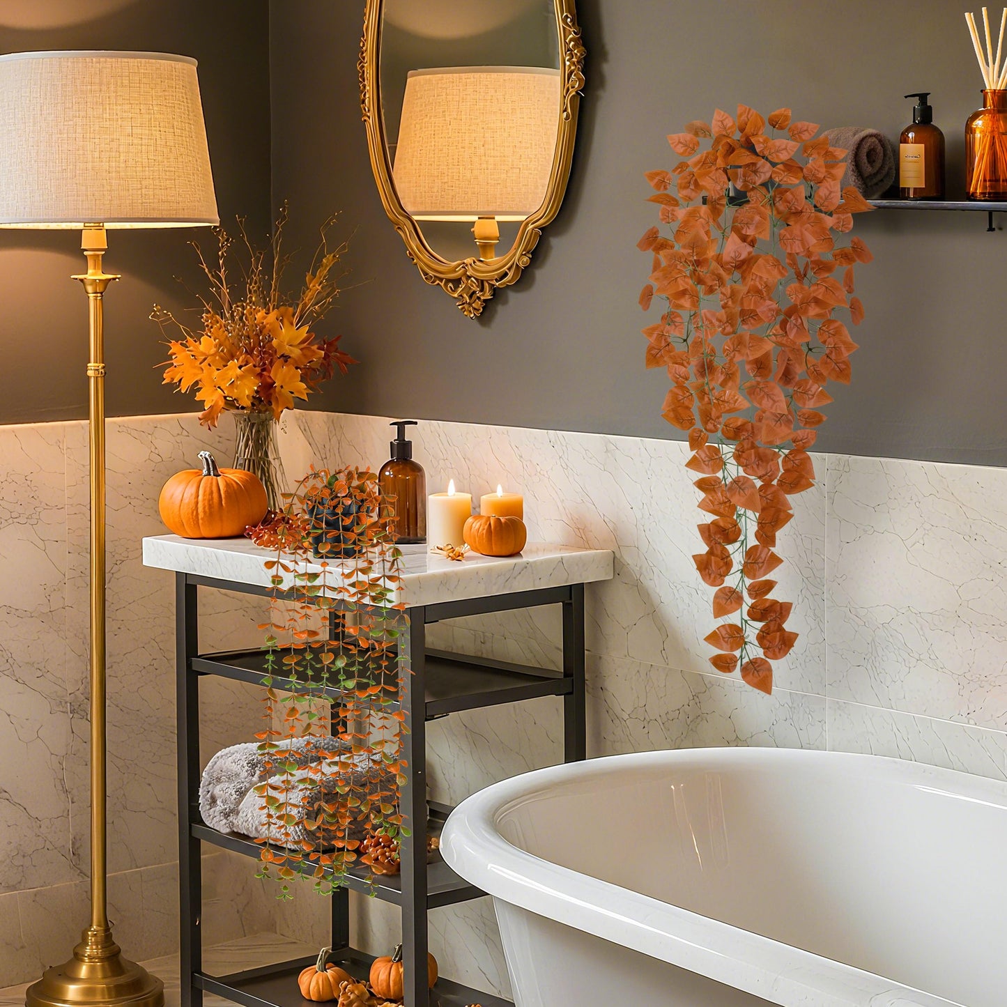 Der Rose 4Pcs Fake Fall Plants Hanging Orange Artificial Eucalyptus Plants, Boston Fern, Fake Potho, String of Pearls for Halloween Bathroom Table Centerpiece Wall Mantle Decor Indoor and Outdoor