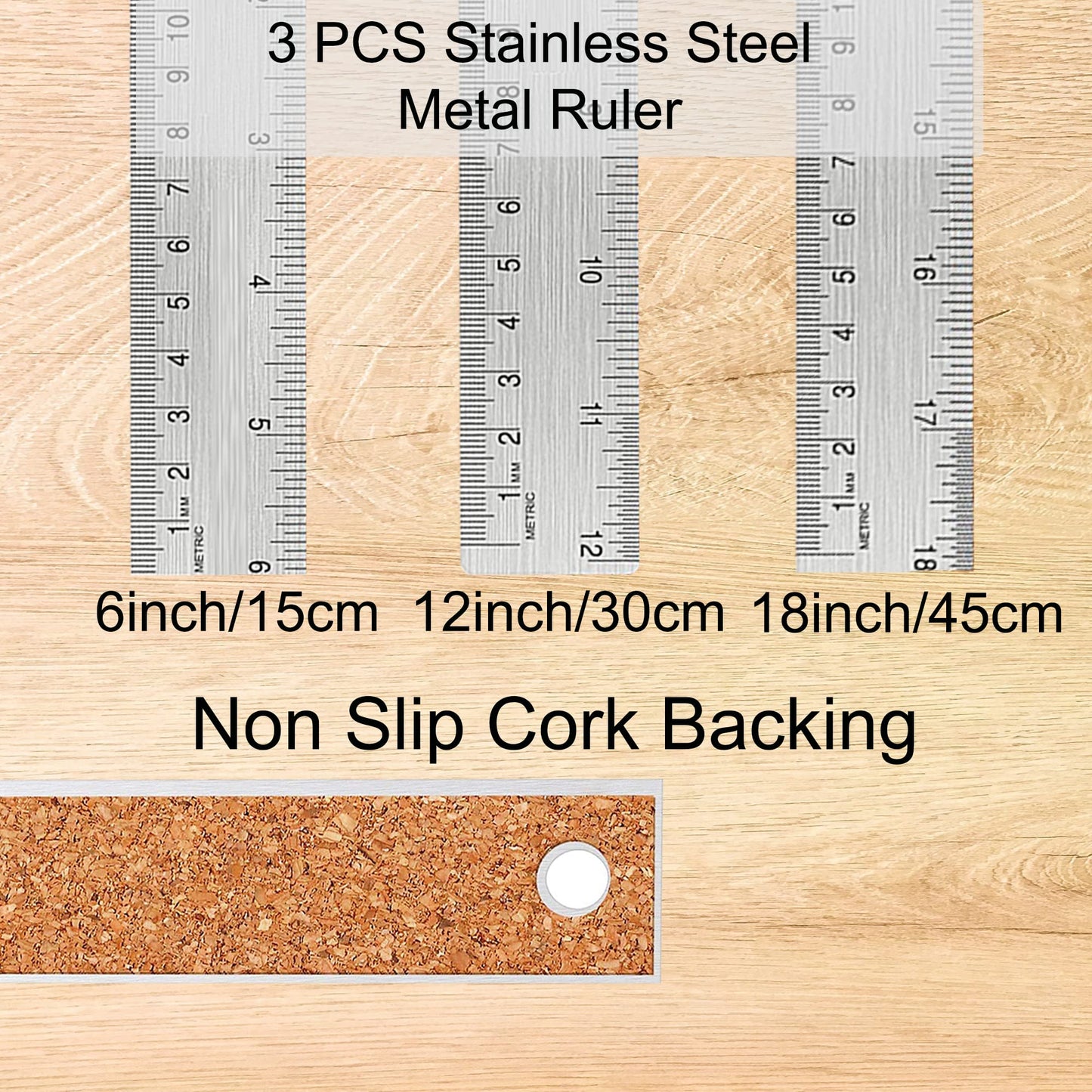 Metal Ruler Set [6+12+18 Inch] – Stainless Steel Rulers with Cork Backing, Non-Slip Measuring Tools with Inch & Centimeter Markings, Drafting and Office Use, Prevents Ink Leakage