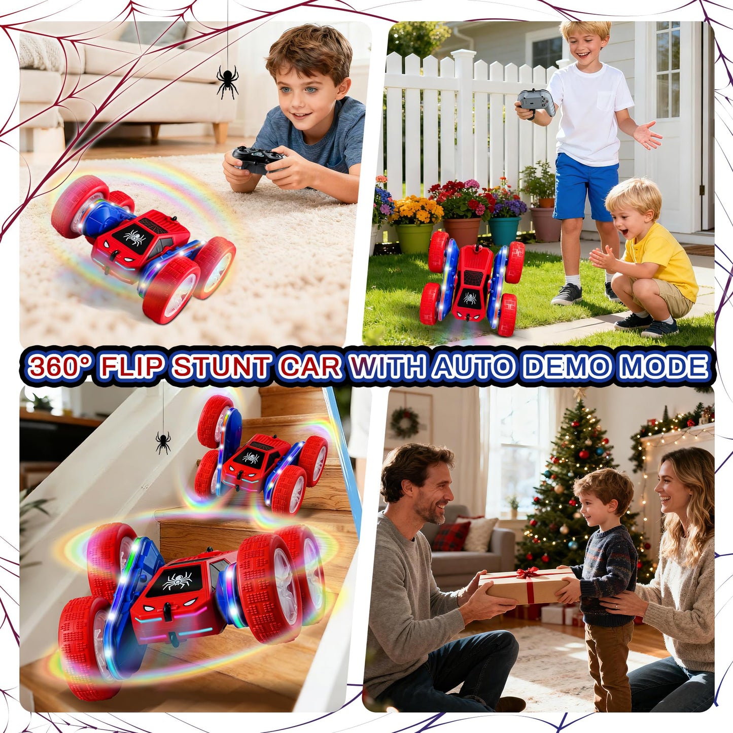 SANGQAOFU Spider Remote Control Car 4WD 360° Flips RC Stunt Car Toys Cyber-Inspired Double-Sided Drift Rc Cars with LED Lights 2 Rechargeable Charge Battery Modules Toys and Gift for Boys Age 3-12