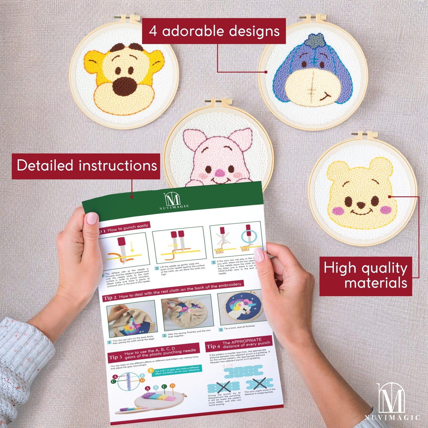 Nuvimagic - Punch Needle Kit for Beginners & Adults - Complete DIY Punch Embroidery Kit with 4 Unique Patterns - Perfect Needle Punch Kits for Creative Art
