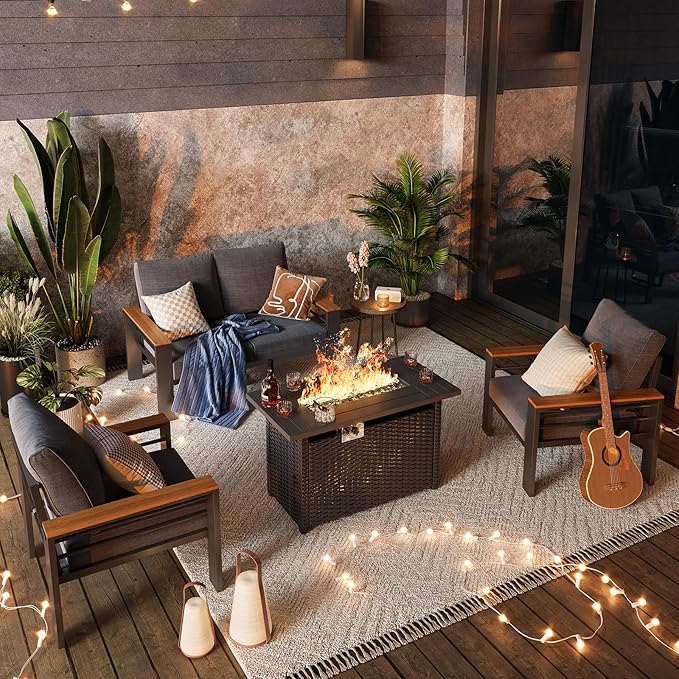 Aoxun Aluminum Outdoor Patio Furniture Set, 5-Piece Outdoor Sectional with 44'' Propane Gas Firepit Table, Patio Conversation Sets with Upgraded Armrests and Cushions for Backyard (Dark Grey,4 Seats)