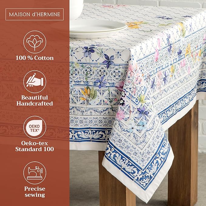 Maison d' Hermine Table Cloth Square Table 100% Cotton 60 x 60 Inches Tablecloth Reusable Decorative for Dining Room Farmhouse Home Valentines Day Decorations Spring Summer - Faience