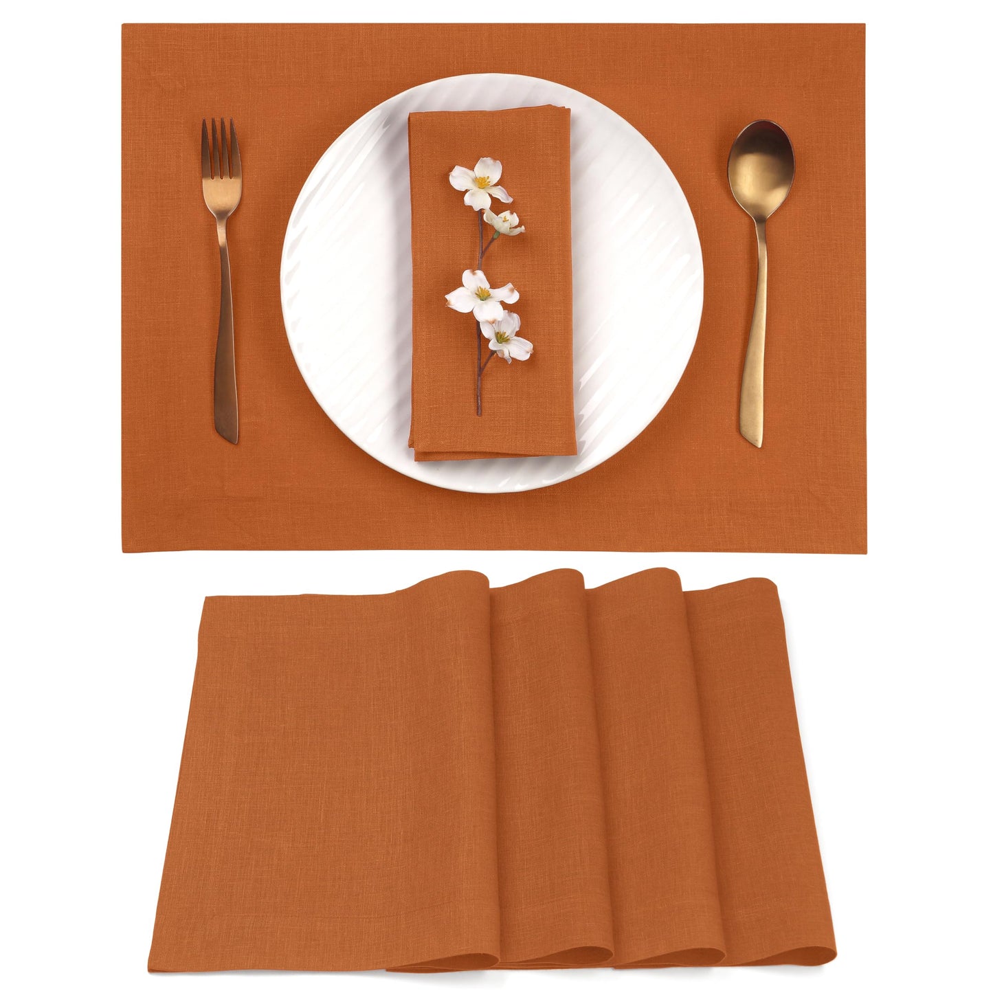 D'Moksha Homes Linen Rust Placemats Set of 4-100% Pure Linen Placemats 14 x 19 Inch for Spring - Handcrafted and Machine Washable