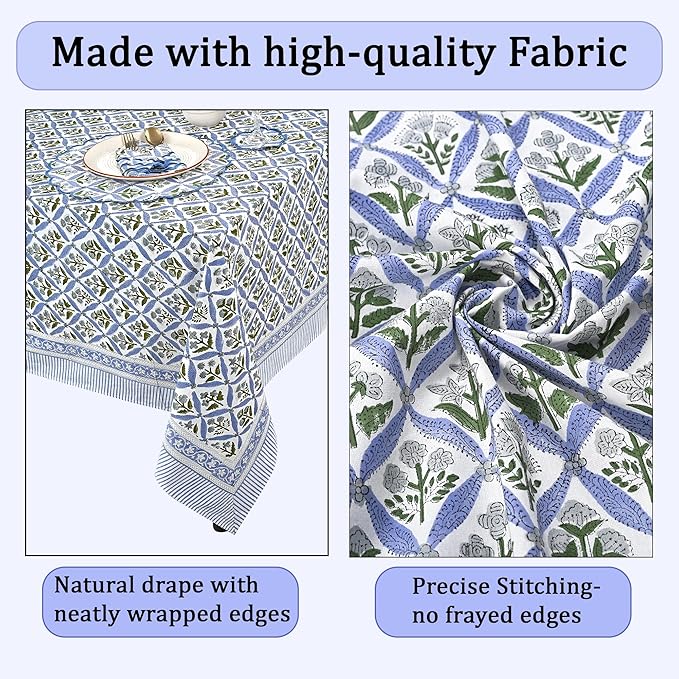 Ridhi Hand Block Print Light Steel Blue Rectangle Cotton Tablecloth 102" x 48" Reusable Table Cover Decorative Everyday Use for Dining, Farmhouse, Home Gift for Spring, Easter, Valentine