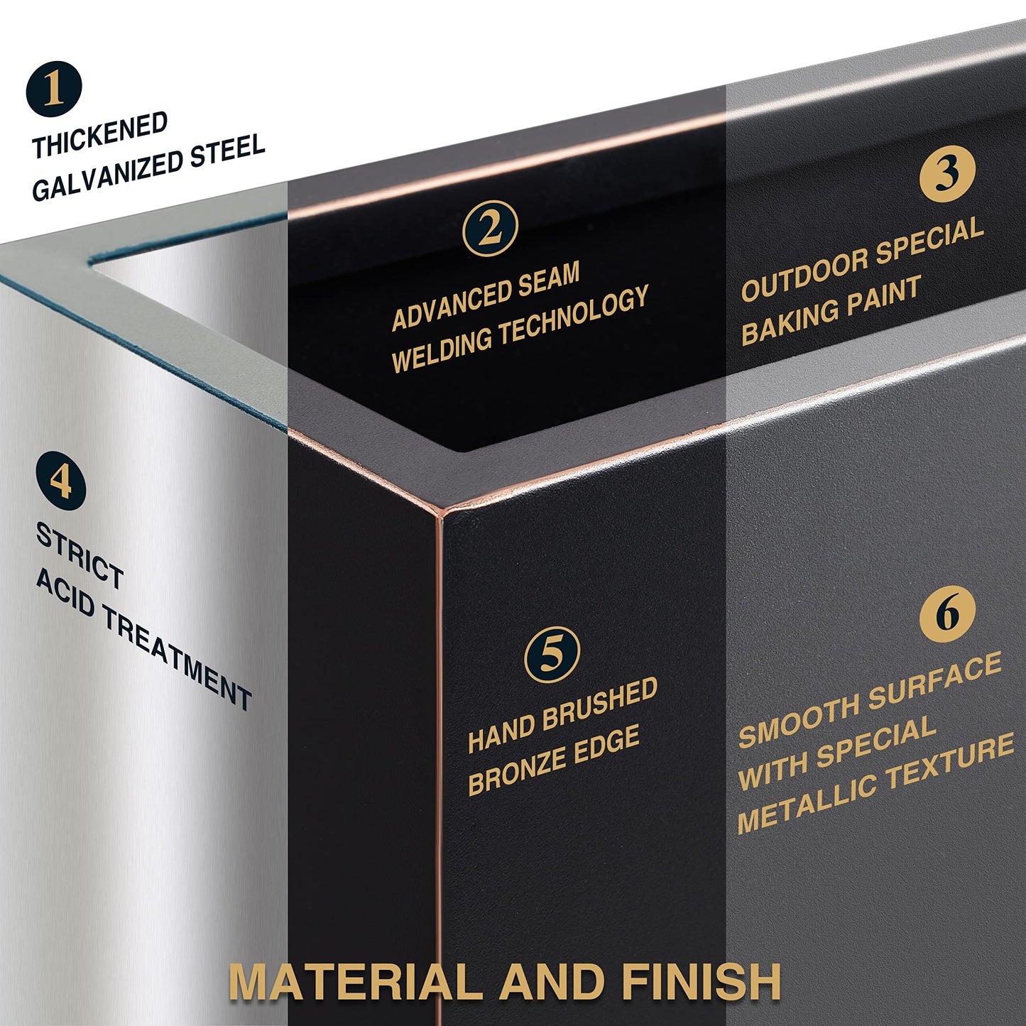 Wallowa Metallic Heavy Outdoor Planter Box, Span Planter, Pure Black with Hand Brushed Gold Rim, Long and Tall Divider Planter, No Assembly and Seamless, 38”Lx10”Wx30”H 48.8 Pounds