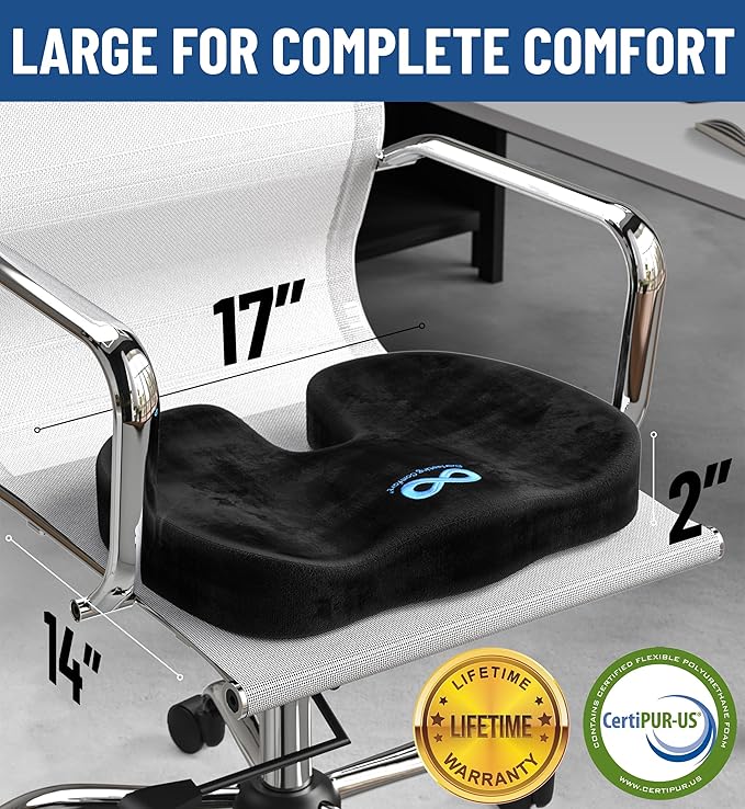 Everlasting Comfort Doctor Recommended Memory Foam Seat Cushion for Office Chairs & Car Seat - Ergonomic Office Desk Accessories for Tailbone Pain Relief, Sciatica & Back Support